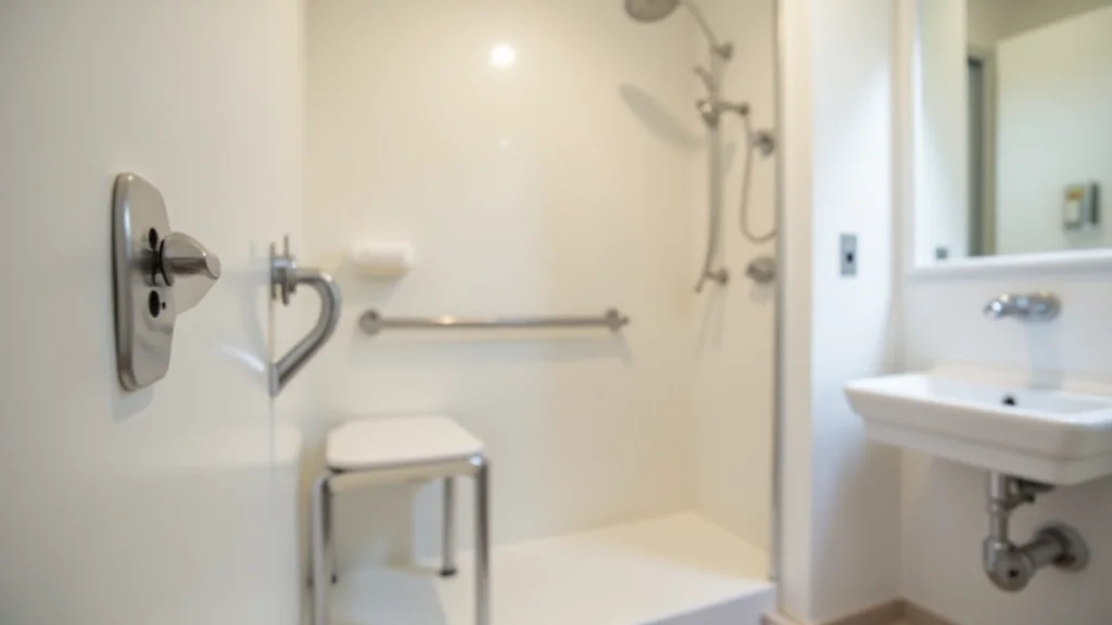 Baño adaptado con barras de apoyo cromadas y suelo antideslizante