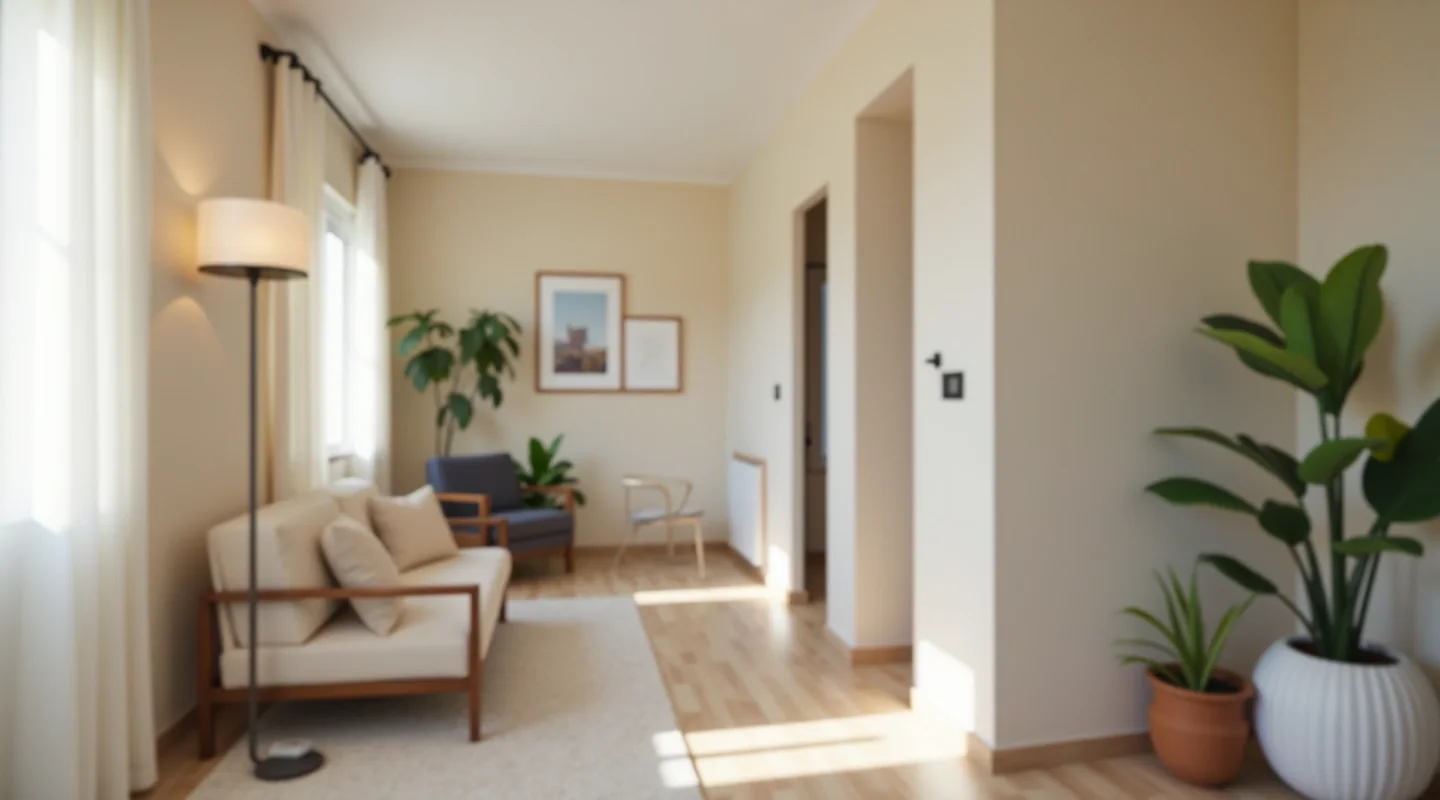 Interior de vivienda con pasos amplios, buena iluminación y mobiliario despejado