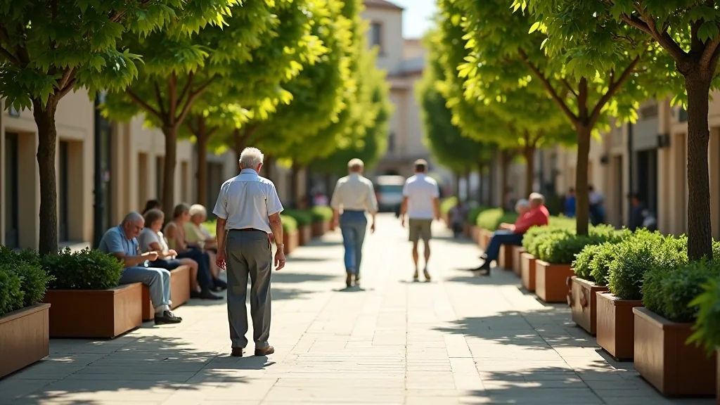 Plaza con zonas verdes, bancos a la sombra y personas paseando