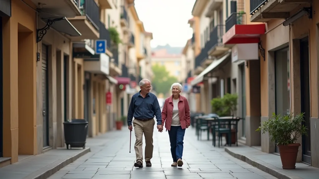 Calle de barrio con aceras anchas, arbolado y comercios de proximidad