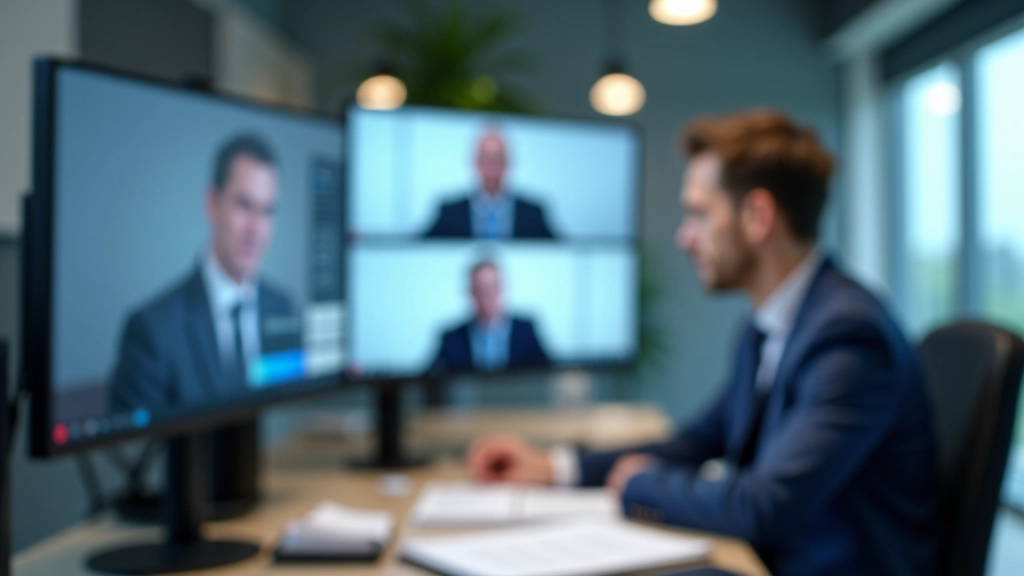 Profissional em ambiente de escritório moderno, reunião internacional com videoconferência, materiais de trabalho em inglês, atmosfera de negócios global