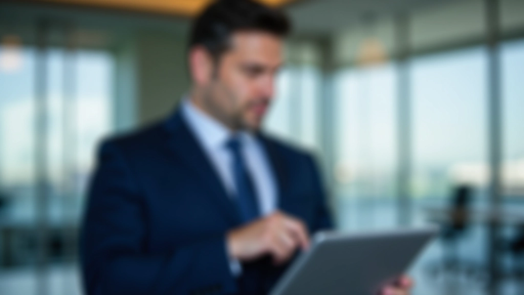 Executivo em terno azul marinho apresentando gráficos em tablet para colega, durante reunião formal de negócios em sala de conferência