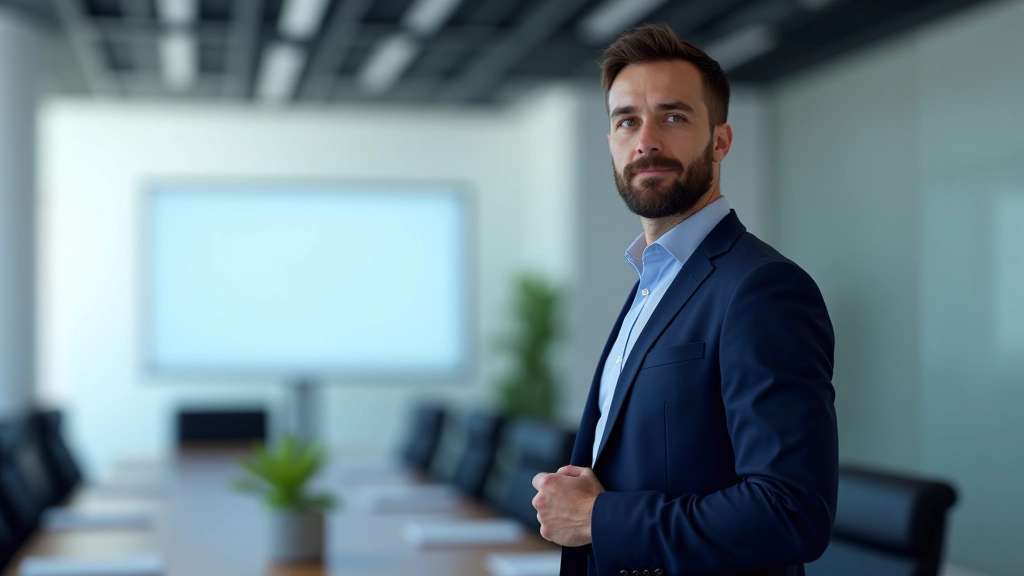 Apresentador apontando para gráfico em tela de projeção, público tomando notas, ambiente corporativo com mesa e cadeiras