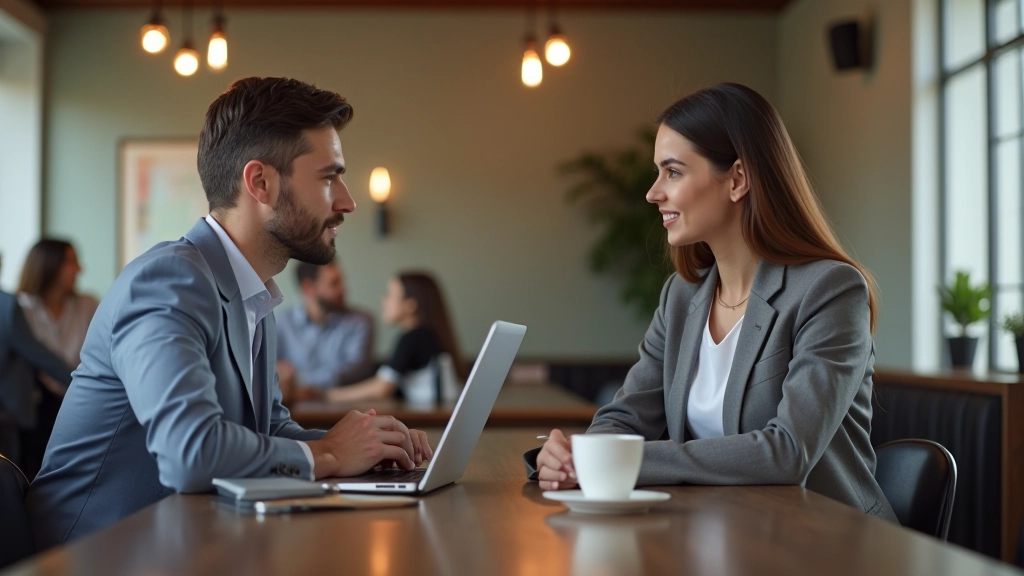 Dois profissionais em discussão amigável em café corporativo, ambos com laptops abertos, ambiente descontraído mas profissional