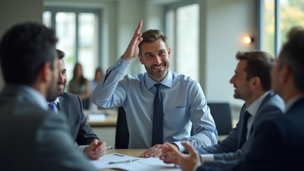 Homem profissional em reunião presencial, levantando mão para falar, outros colegas ao redor da mesa, ambiente corporativo