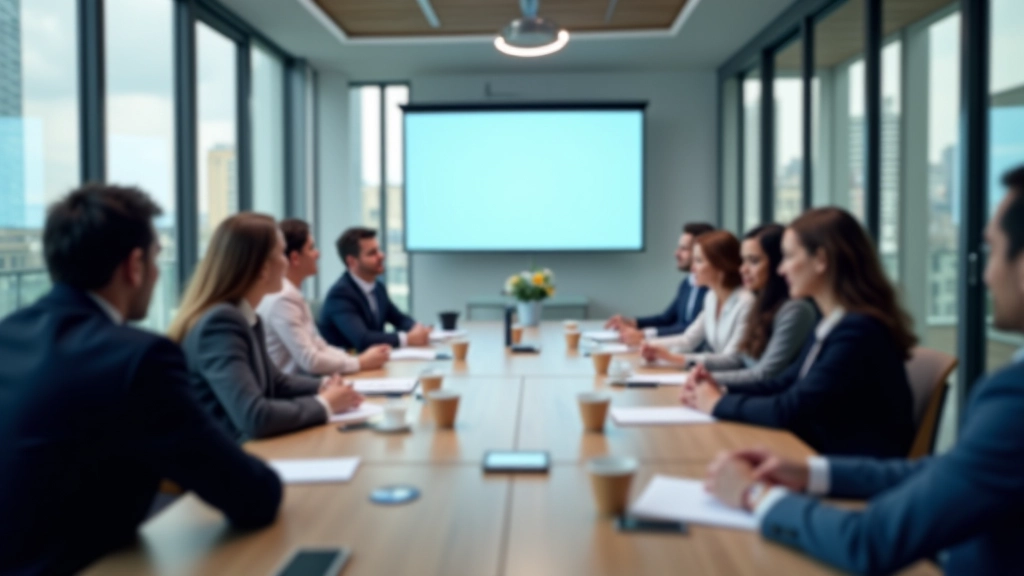 Sala de reunião com pessoas sentadas à mesa, apresentação em andamento, ambiente corporativo