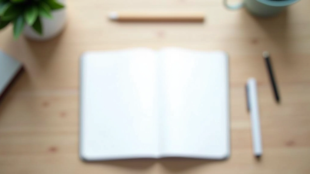 Notebook com documento de template de email aberto na tela, caneta ao lado, mesa de trabalho organizada