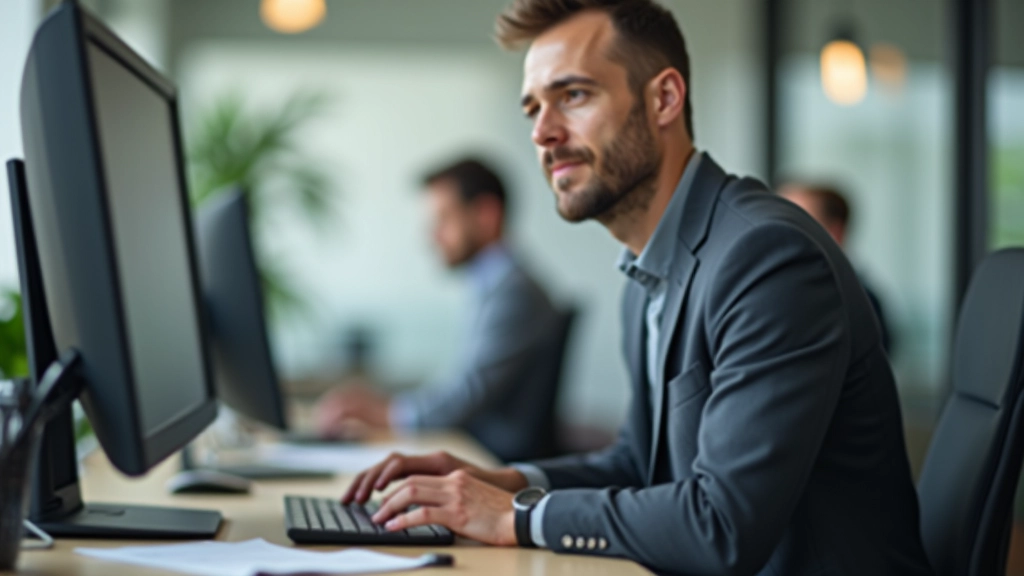 Pessoa digitando em teclado com expressão concentrada, ambiente corporativo bem iluminado