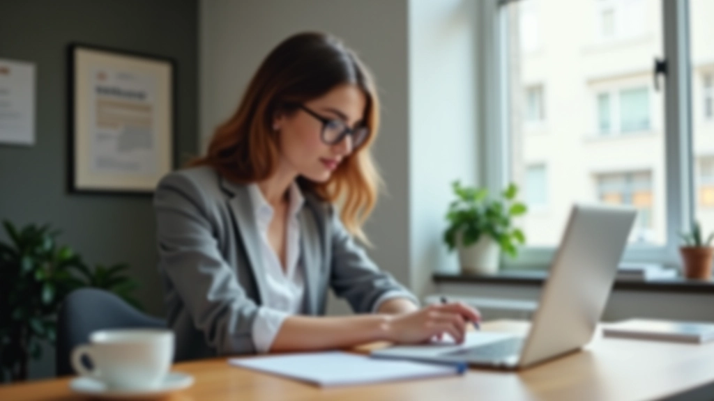 Profissional a redigir email no computador, mesa de escritório moderna com notebook aberto