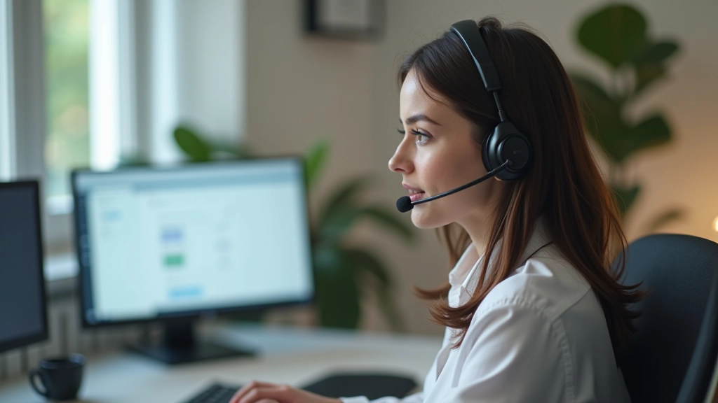 Profissional mulher usando headset em videochamada de negócios, tela de computador ao fundo, ambiente de home office